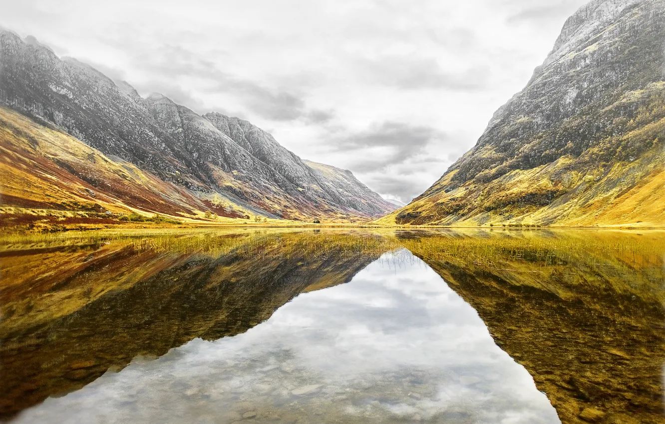 Фото обои горы, озеро, отражение, Шотландия