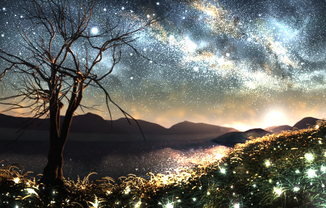 Фото обои трава, космос, звезды, природа, светлячки, дерево, горизонт, арт
