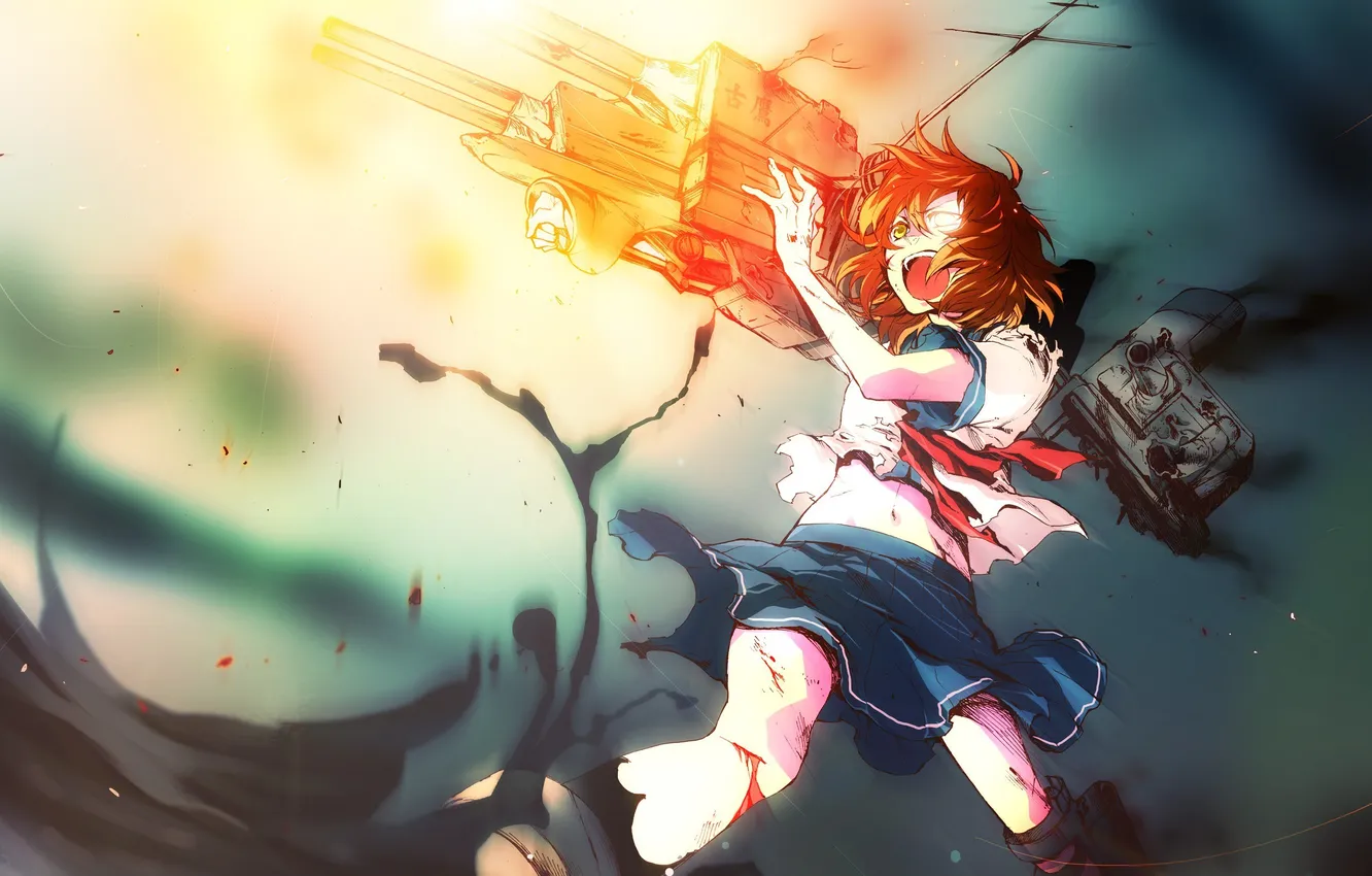 Фото обои девушка, оружие, кровь, аниме, арт, царапины, форма, пушка