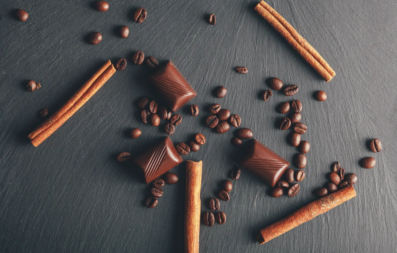 Фото обои Шоколад, корица, кофейные зерна, деревянный фон