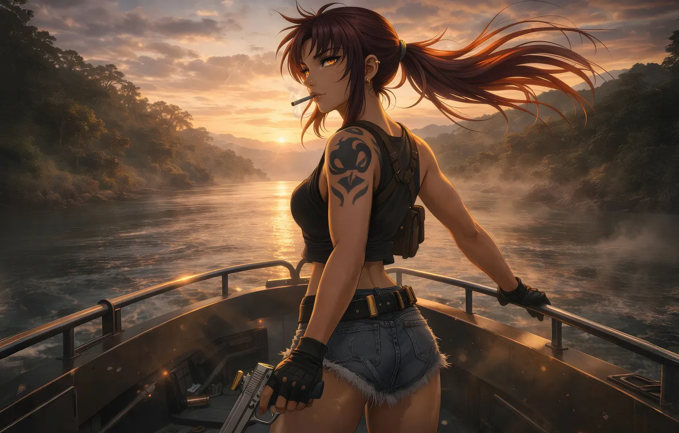 Фото обои girl, sunset, anime, boat, adventurer