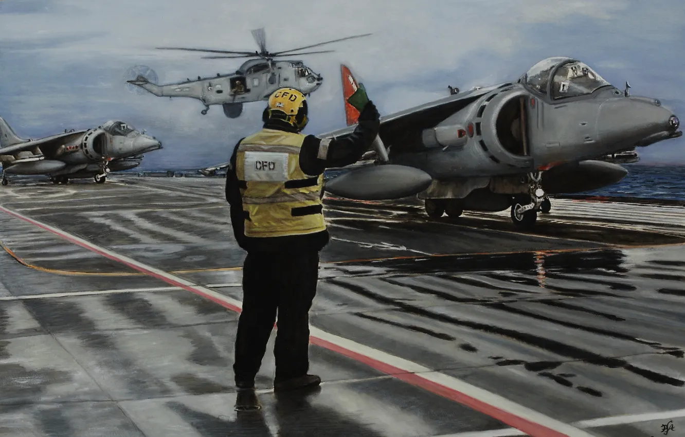 Фото обои истребители, палуба, живопись, штурмовики, регулировщик, AV-8B, Harriers