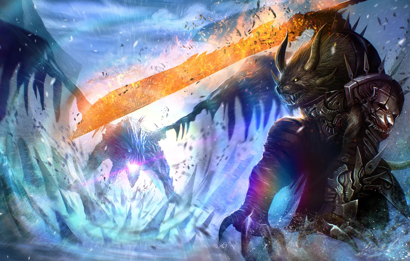 Фото обои холод, магия, дракон, меч, арт, рога, битва, Guild Wars 2