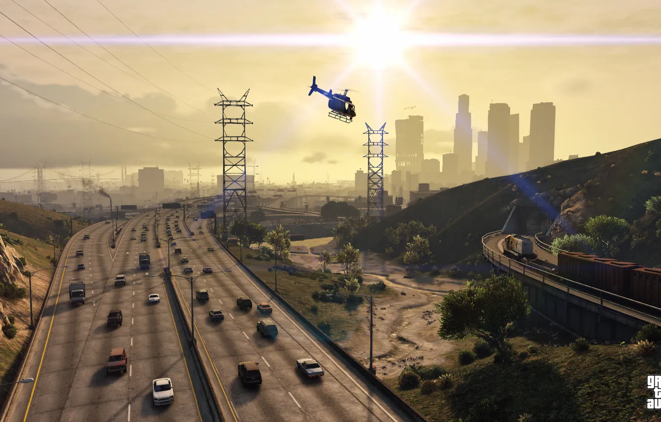 Фото обои дорога, машины, вертолет, Grand Theft Auto V, лос сантос, gta 5