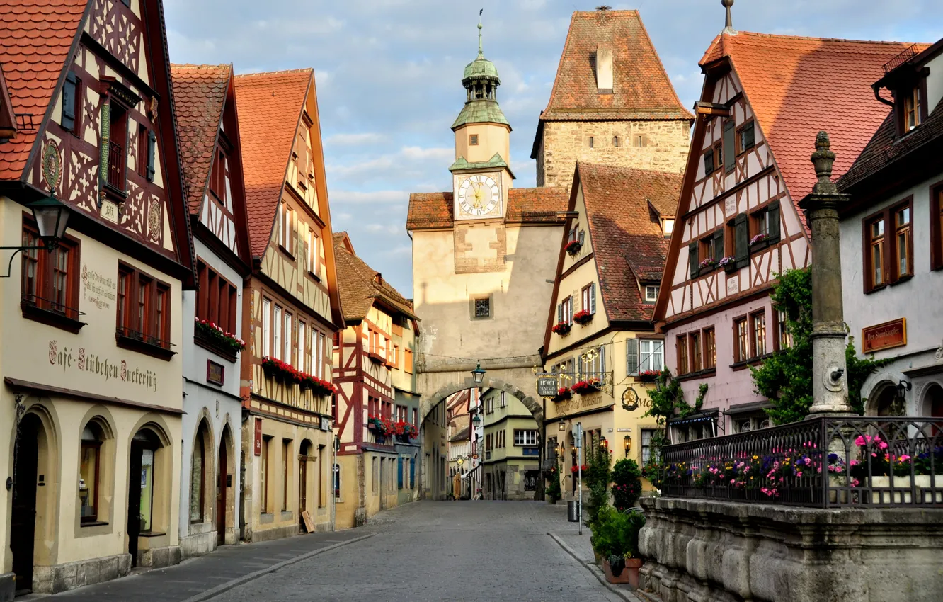 Фото обои дорога, улица, часы, башня, дома, Германия, арка, Rothenburg