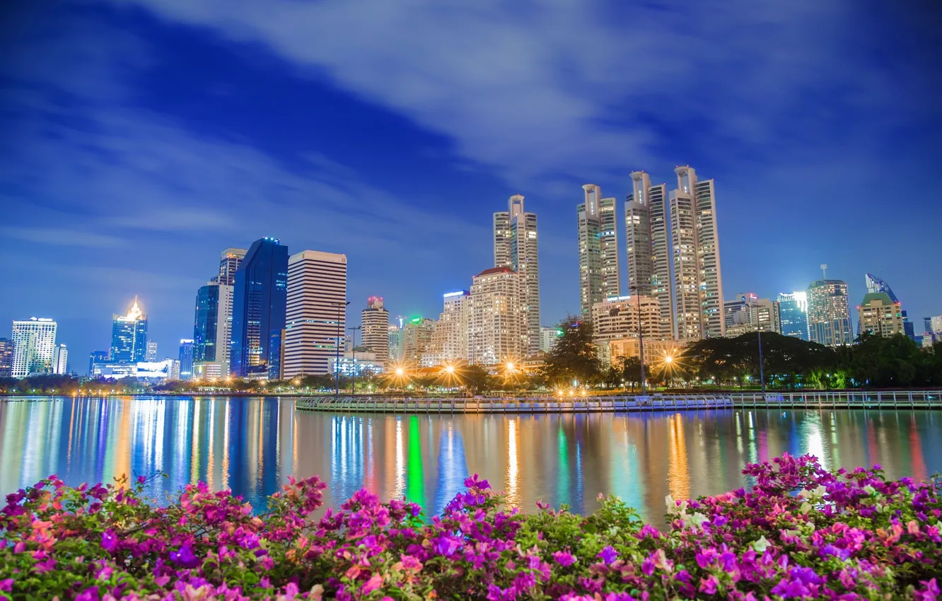 Фото обои вода, цветы, город, здания, освещение, Таиланд, Тайланд, Бангкок