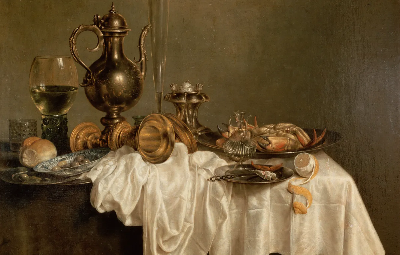 Фото обои лимон, Heda, Willem Claesz, Breakfast with a Lobster, лобстер, белая скатерть