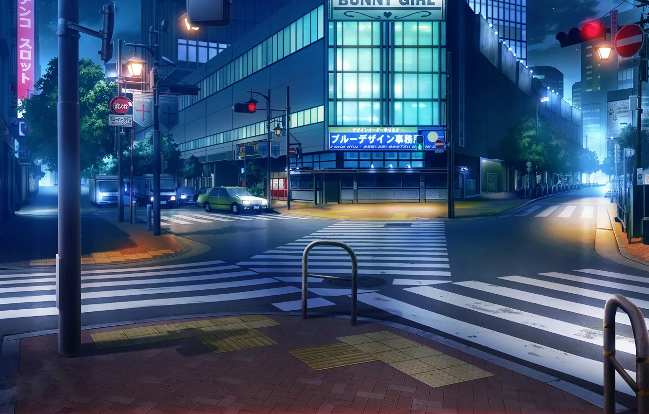 Фото обои машины, ночь, огни, Япония, светофор, перекресток, переход, вывески
