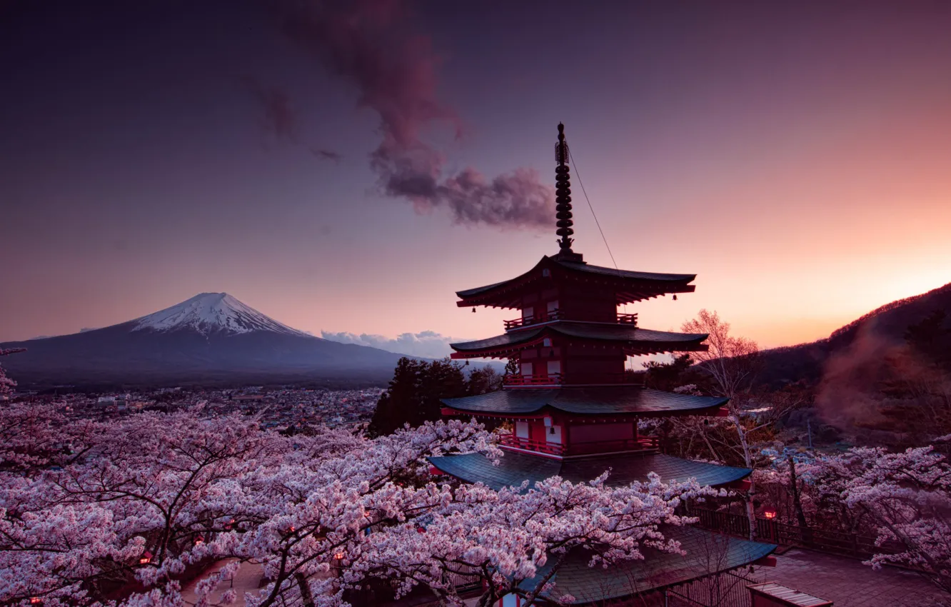 Фото обои Япония, Japan, Fuji, Senso-ji Temle, пагода храма Сенсо-дзи, вечернее небо, цветение сакуры