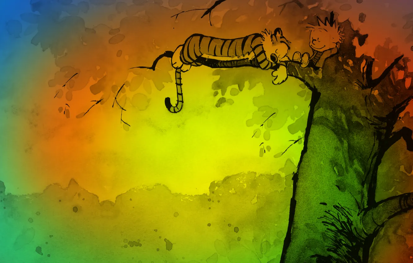 Фото обои цвета, тигр, дерево, отдых, рисунок, мультфильм, сон, мальчик