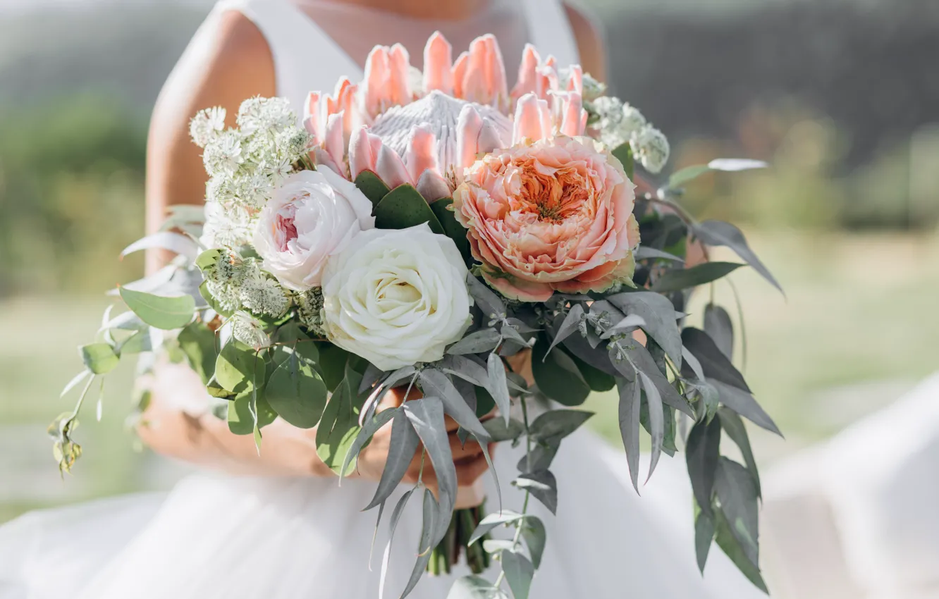 Фото обои цветы, розы, букет, невеста