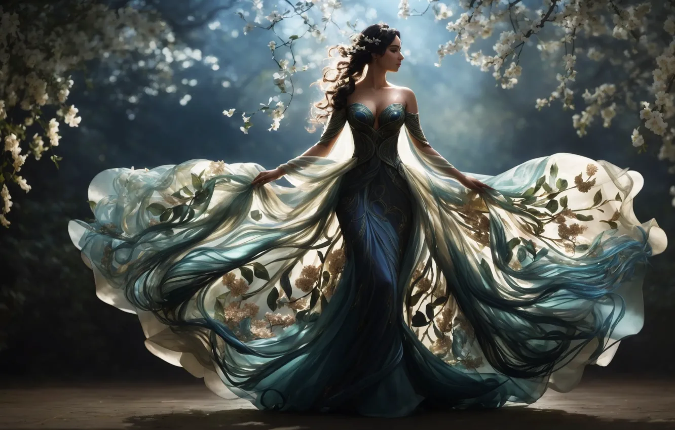 Фото обои Girl, Red, Hot, nature, Mysterious, long dress, Fantasy Art, Ai Art