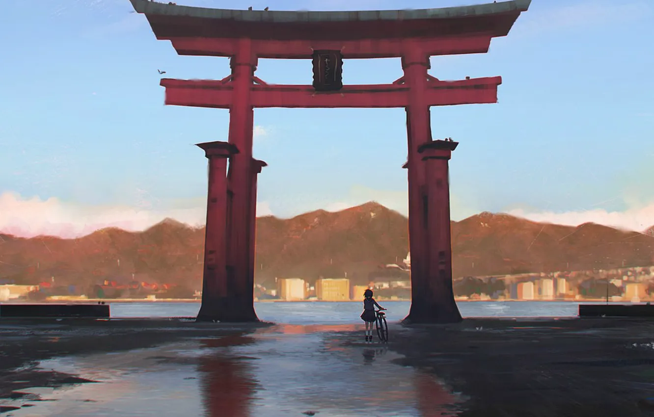 Фото обои горы, велосипед, берег, ворота, Япония, девочка, залив, Japan
