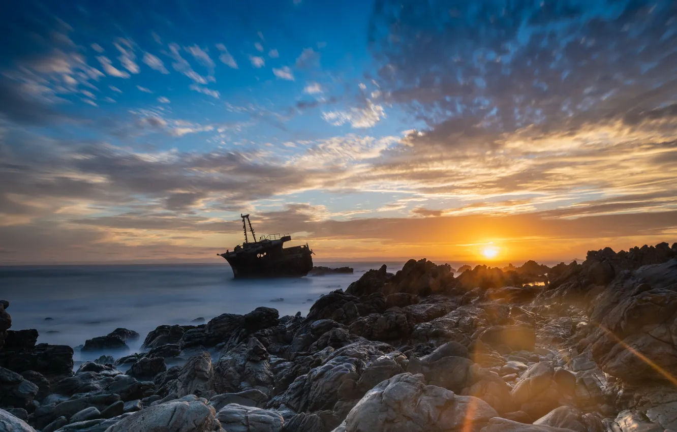 Фото обои море, закат, берег, корабль, South Africa, Western Cape, L'Agulhas