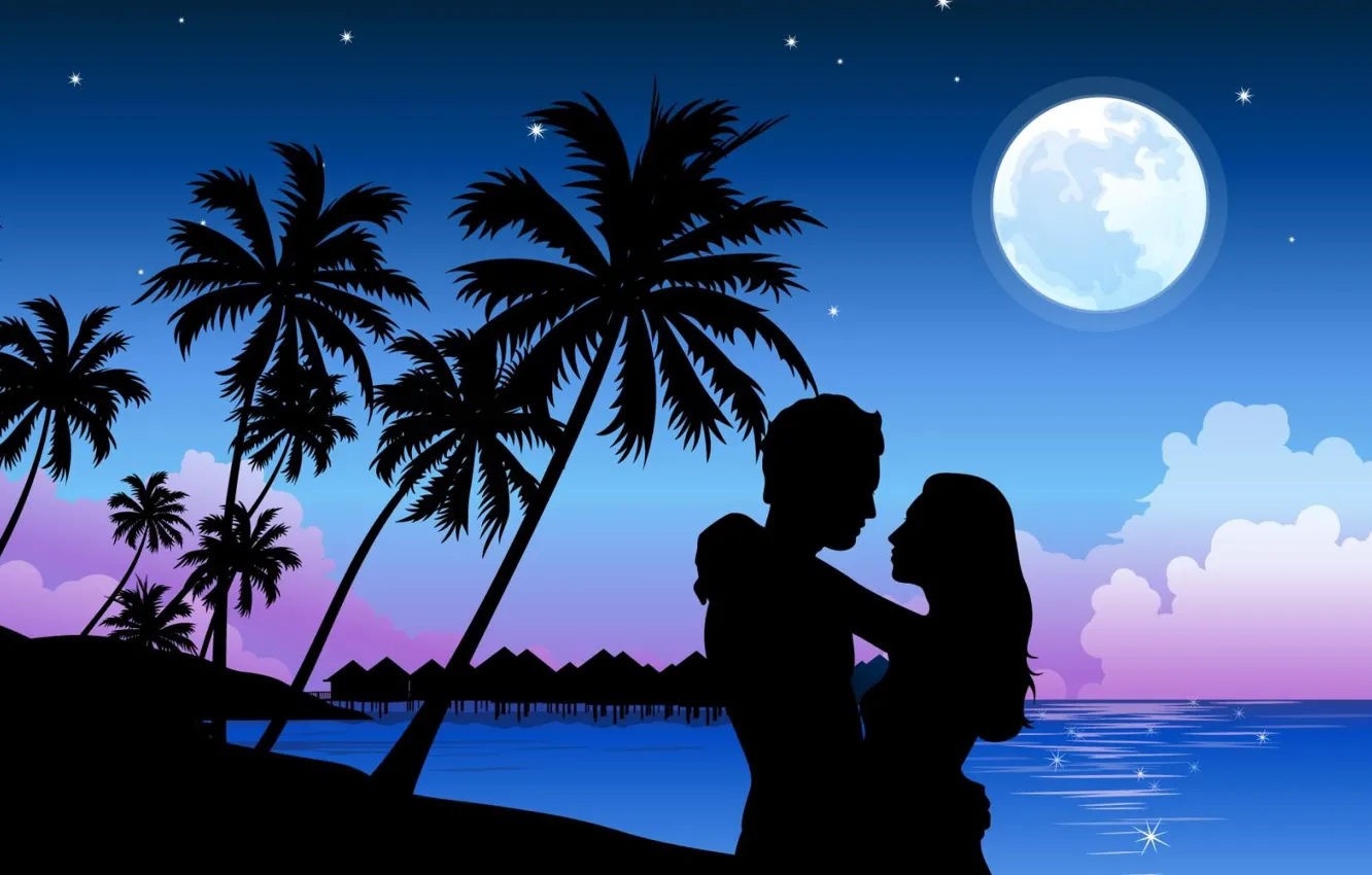 Фото обои любовь, луна, Пальмы, пара
