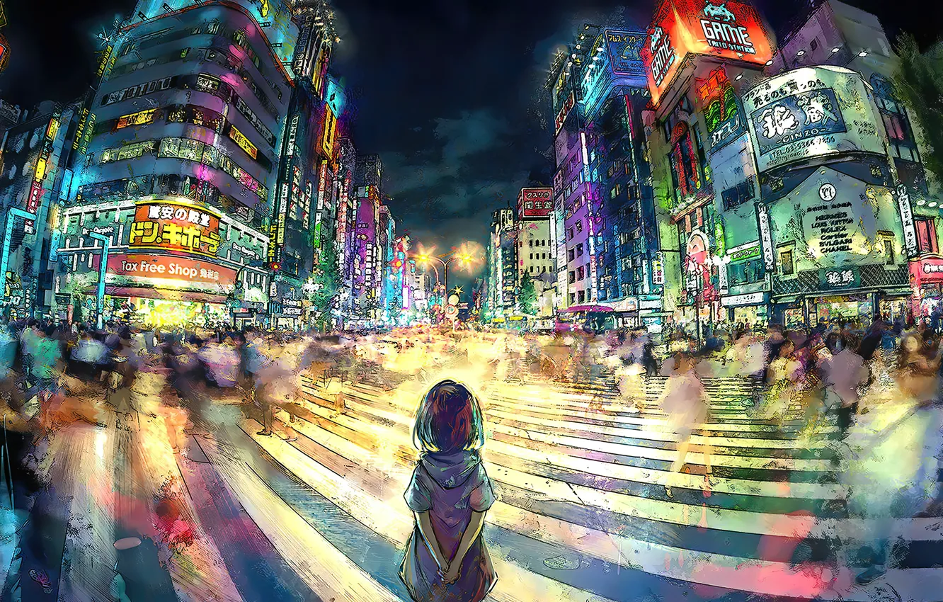Фото обои движение, люди, дома, Токио, перекресток, девочка, иероглифы, girl
