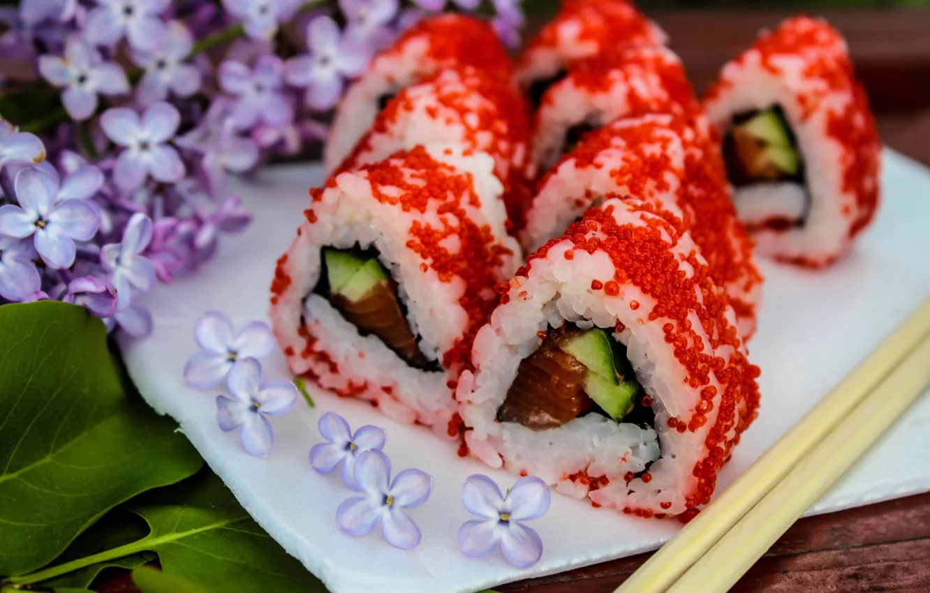 Фото обои япония, еда, сирень, суши, роллы