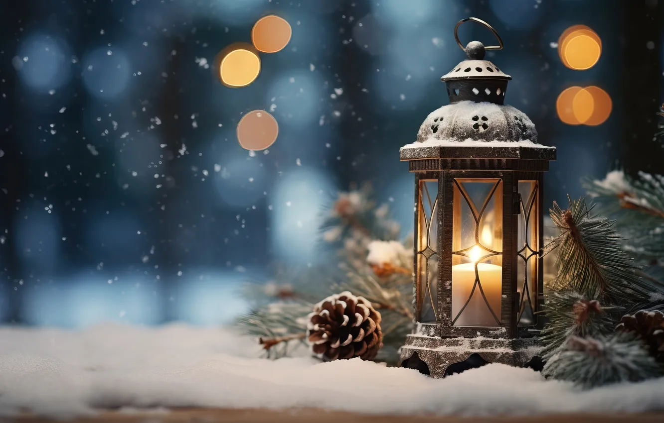 Фото обои зима, снег, ночь, Рождество, фонарь, Новый год, Christmas, night
