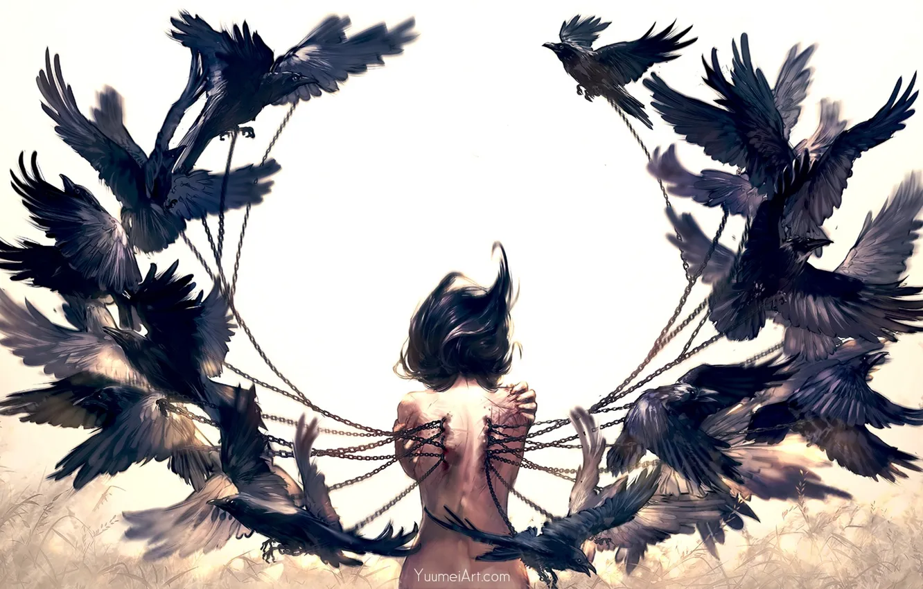Фото обои девушка, птицы, кровь, спина, крылья, аниме, арт, цепи