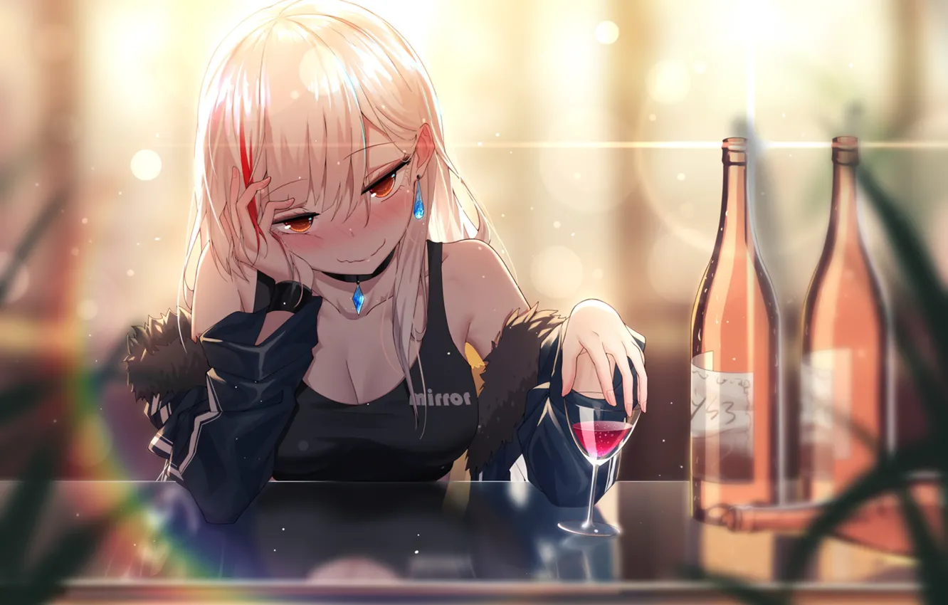 Фото обои взгляд, девушка, вино, бокал, бар, пьяная, бутылки, Bottle