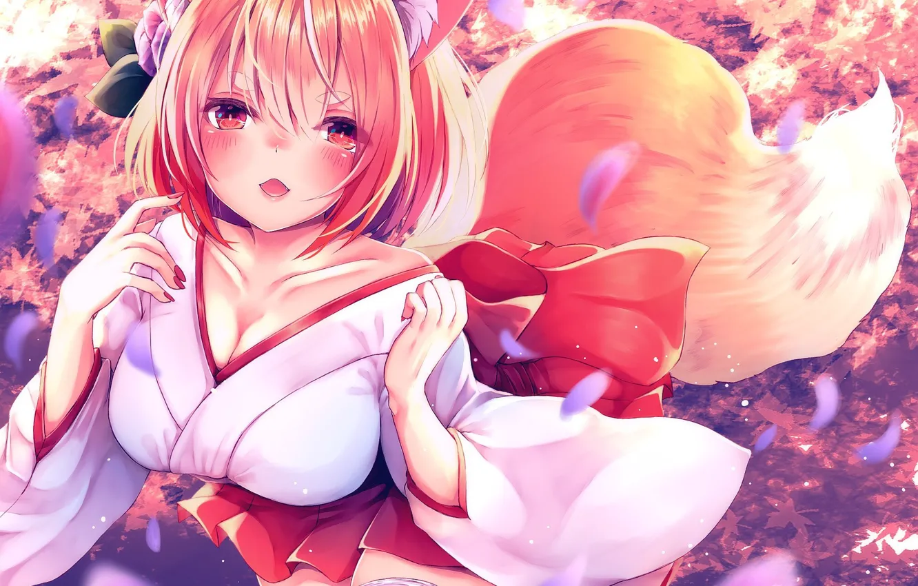 Фото обои fox, anime, tail, japanese, kimono, oppai, bishojo, foxgirl