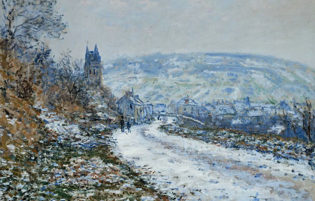 Фото обои пейзаж, картина, Клод Моне, На Подходе к Деревне Ветёй Зимой