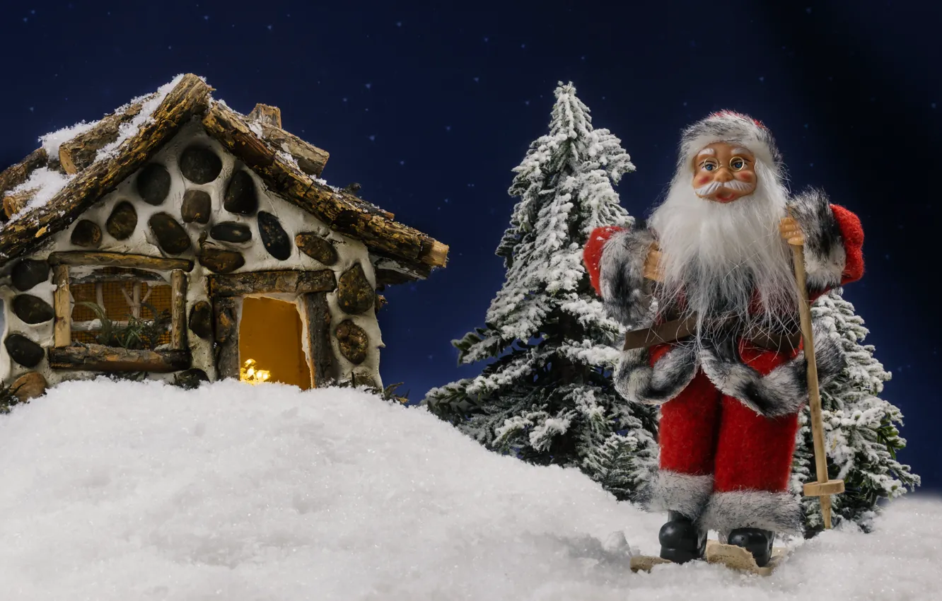 Фото обои зима, снег, праздник, игрушка, кукла, Рождество, Новый год, домик