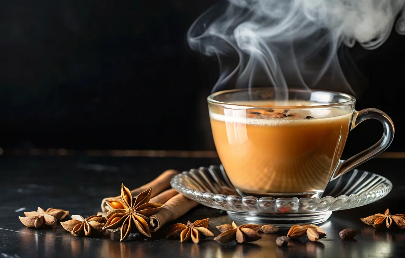 Фото обои star, cup, tea, cinnamon, anise, steaming, chai