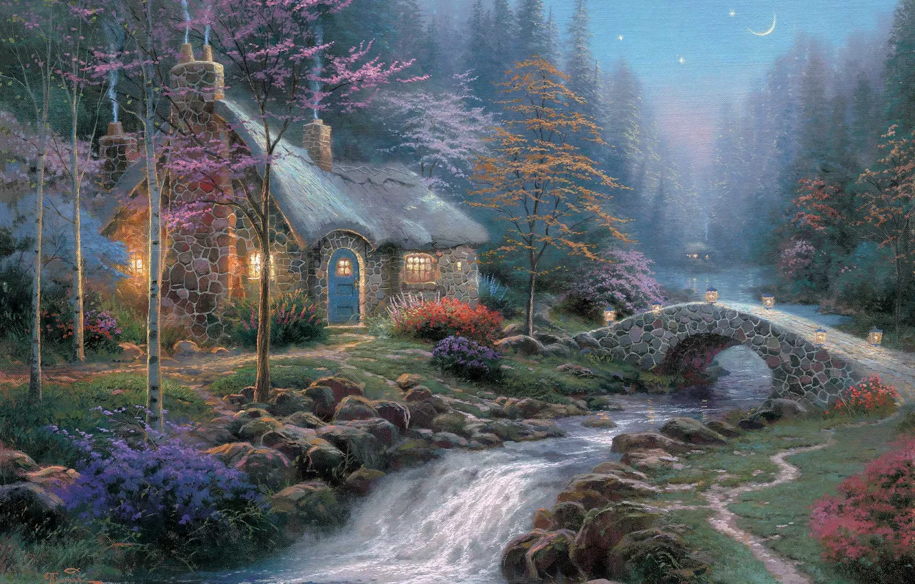 Фото обои river, trees, bridge, flowers, stars, Thomas Kinkade, Twilight Cottage, cottages
