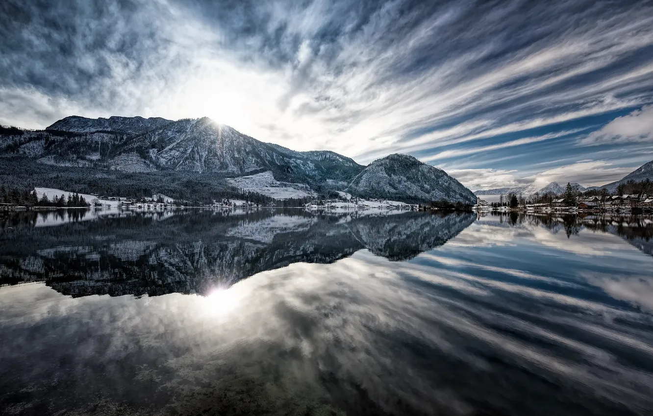 Фото обои Sunrise, Austria, Alps, Panorama, Reflection, Grundlsee