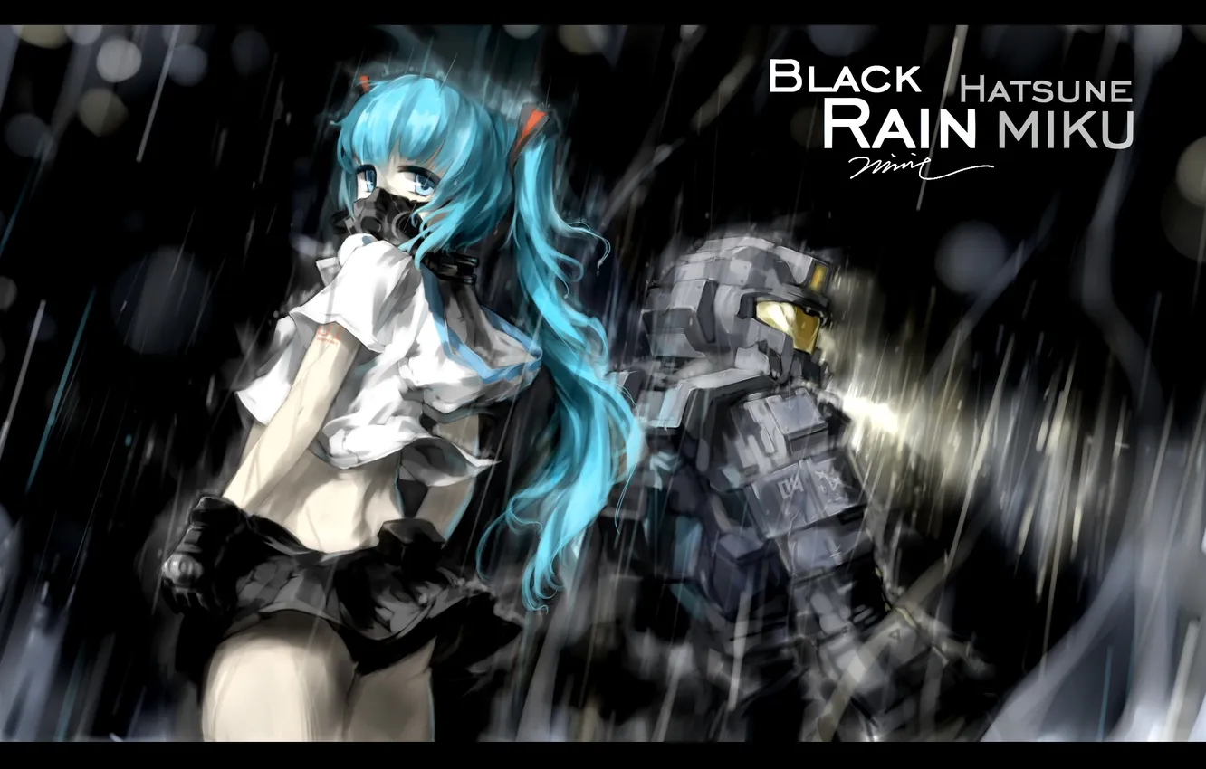 Фото обои девушка, свет, дождь, робот, аниме, маска, арт, vocaloid