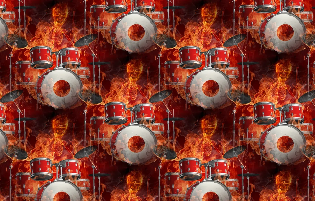 Фото обои фон, огонь, пламя, текстура, скелет, рок, барабан, ударные
