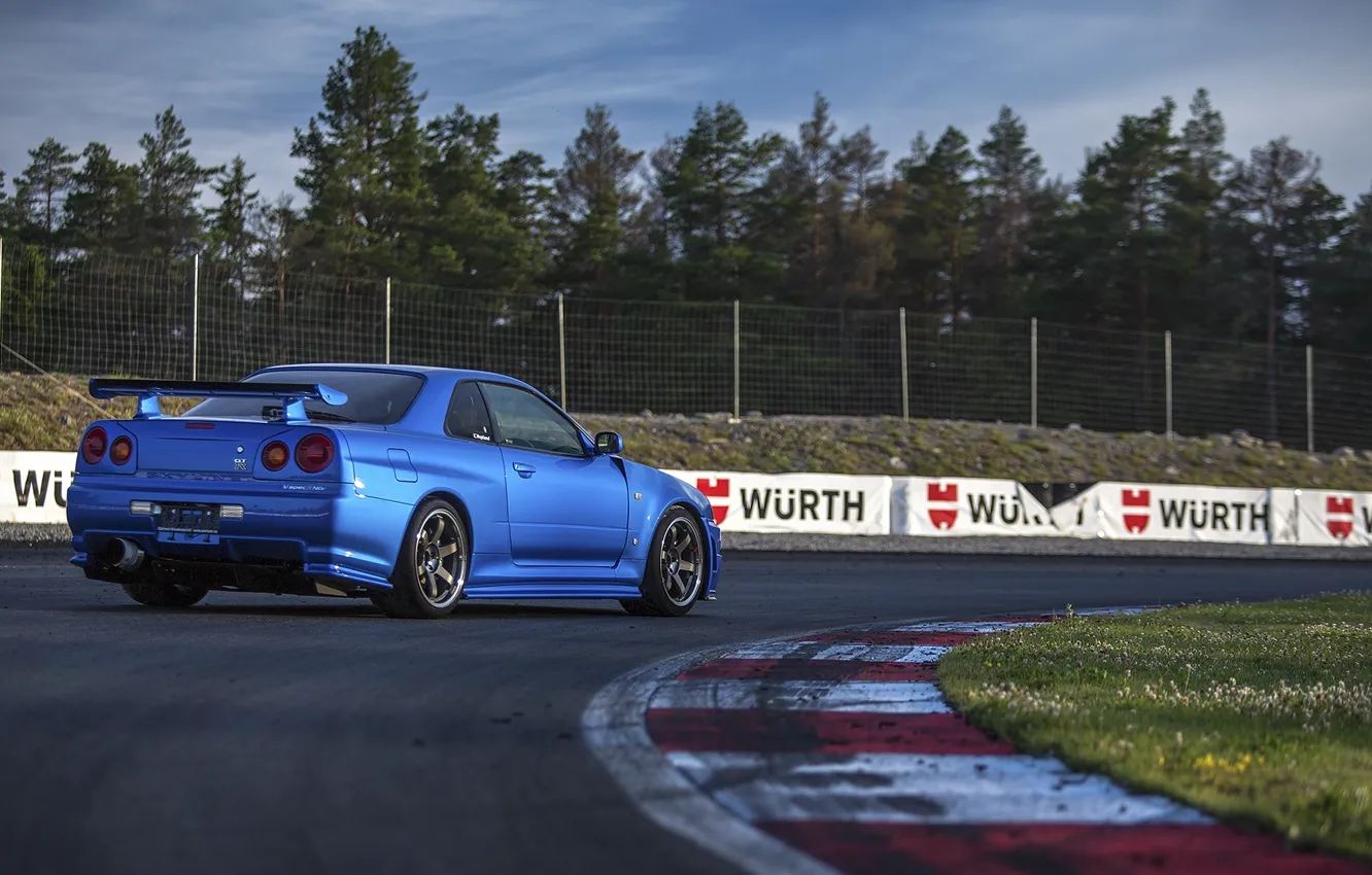 Фото обои Nissan, Car, Blue, Sun, Day, Skyline, R34, Track