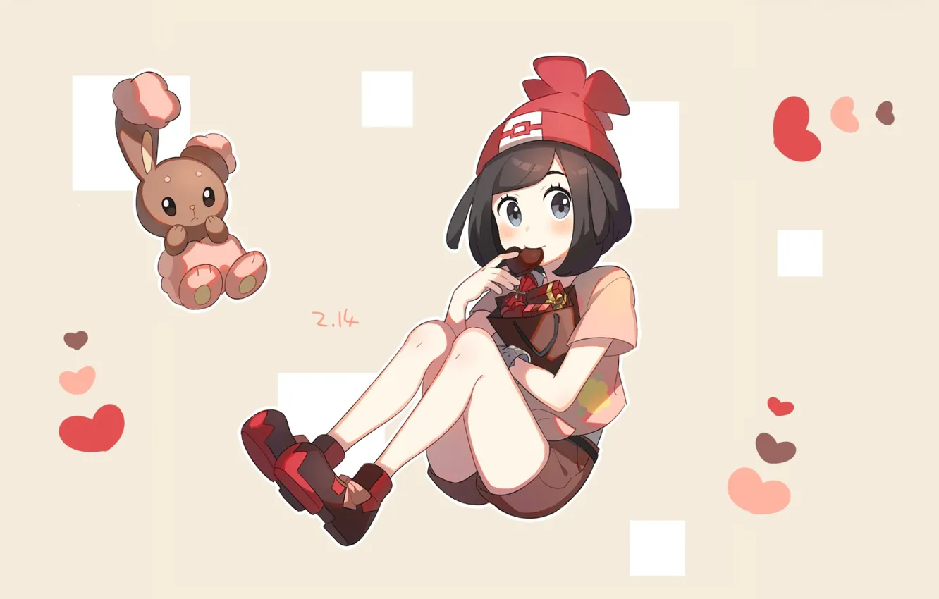 Фото обои ботинки, девочка, сердечки, валентинка, зайчик, Покемон, шоколадки, Pokemon