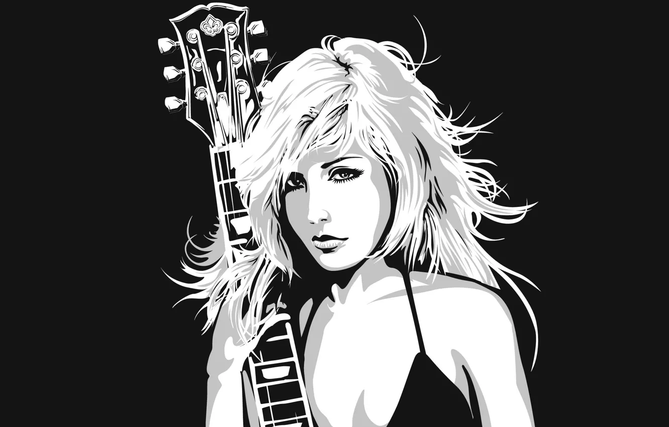 Фото обои взгляд, девушка, музыка, гитара, вектор, струны, блондинка, инструмент