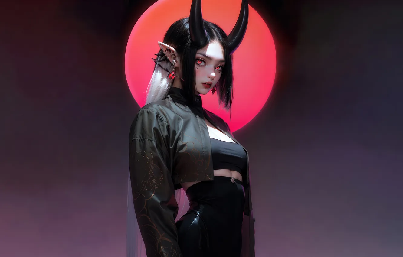 Фото обои Girl, Horn, Black Background, Anime Girl, AI Art, AI Generated