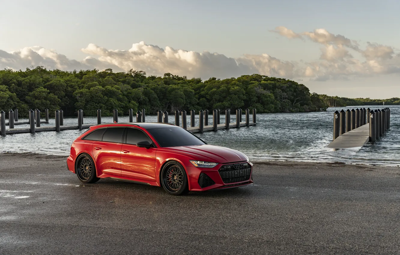 Фото обои Audi, Clouds, Sky, Water, RED, Avant, RS6, VAG