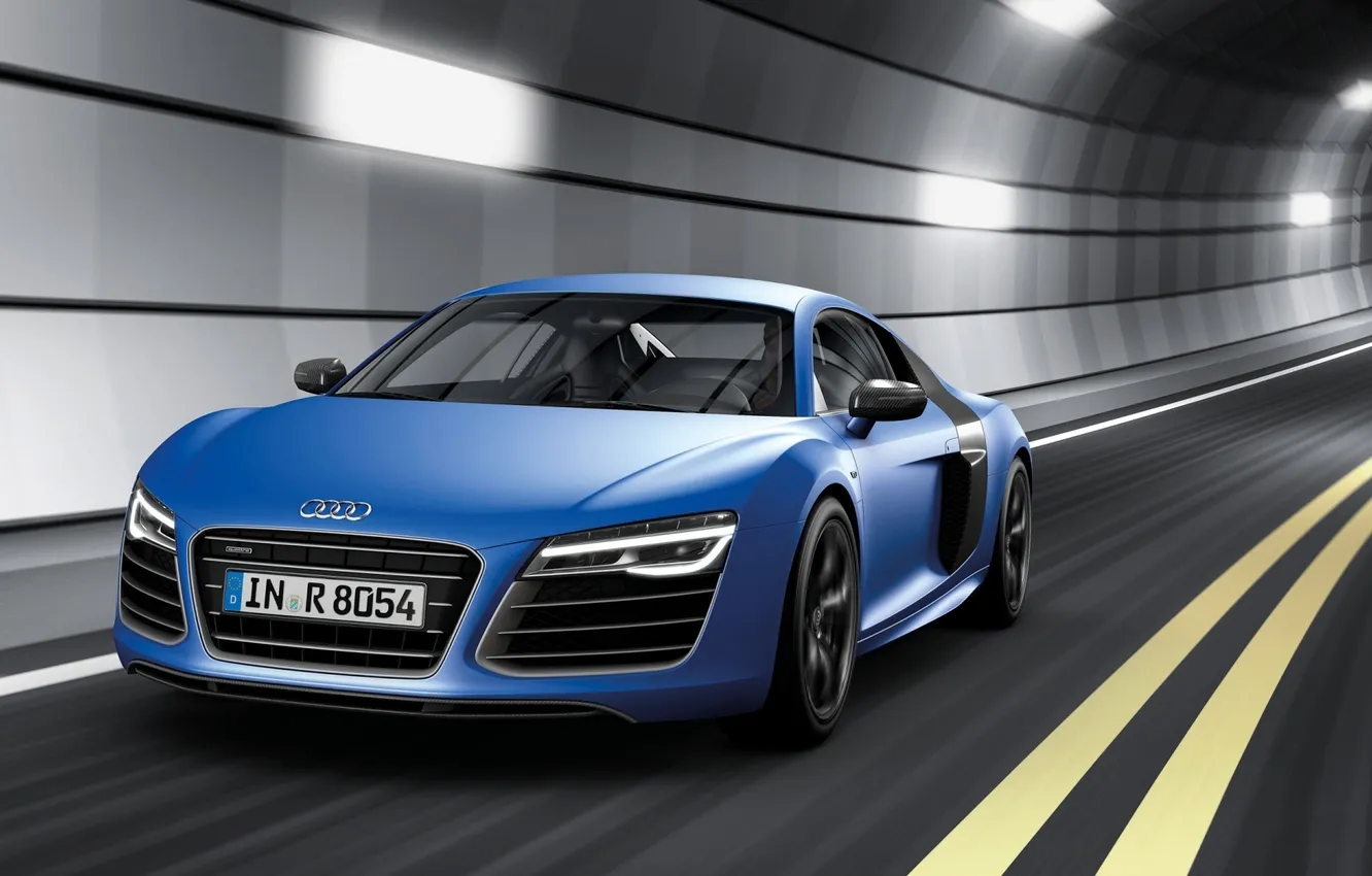 Фото обои синий, Audi, Ауди, суперкар, тоннель, передок, V10, дорга