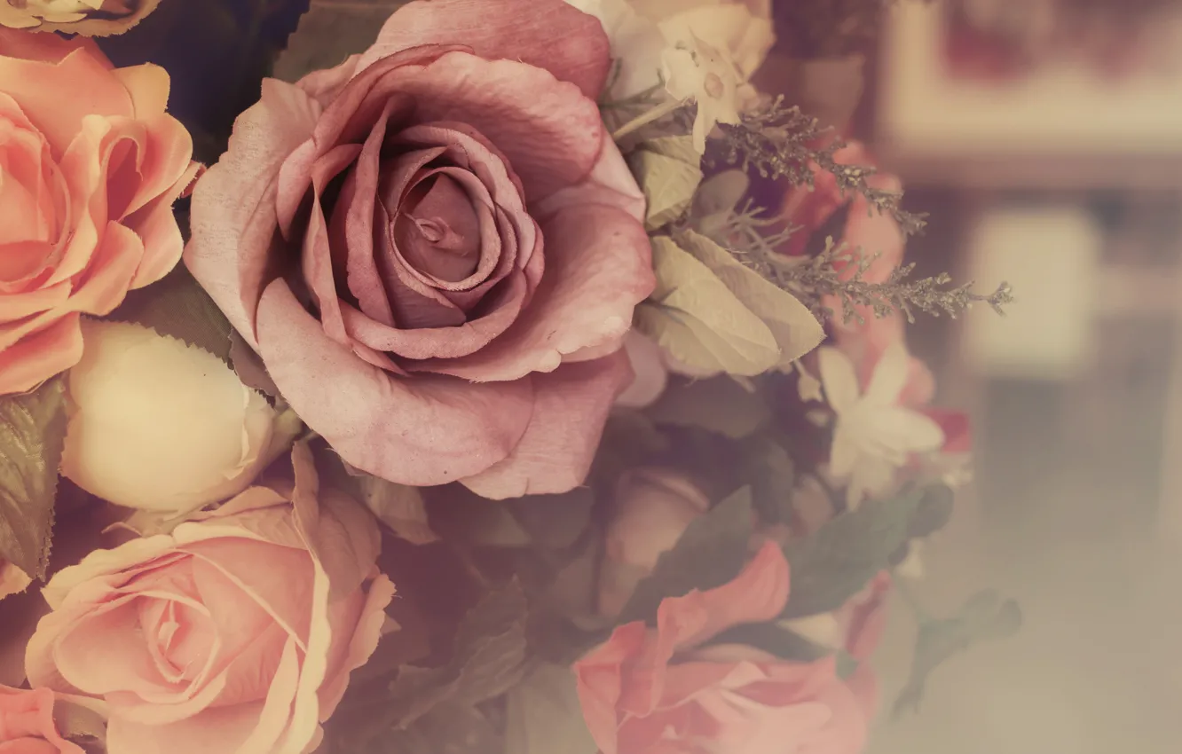 Фото обои розы, букет, боке