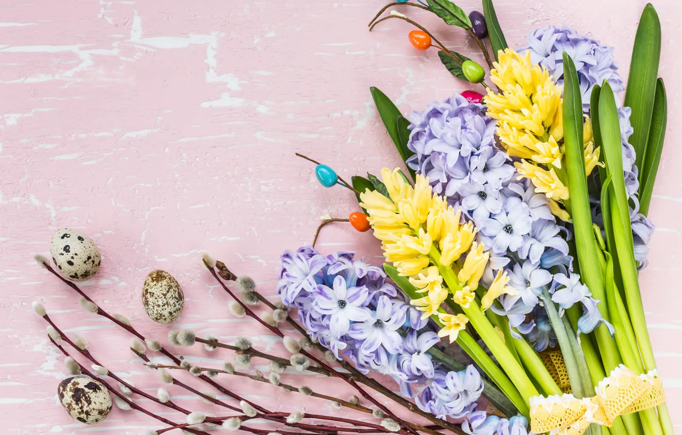 Фото обои цветы, яйца, colorful, Пасха, happy, wood, верба, flowers