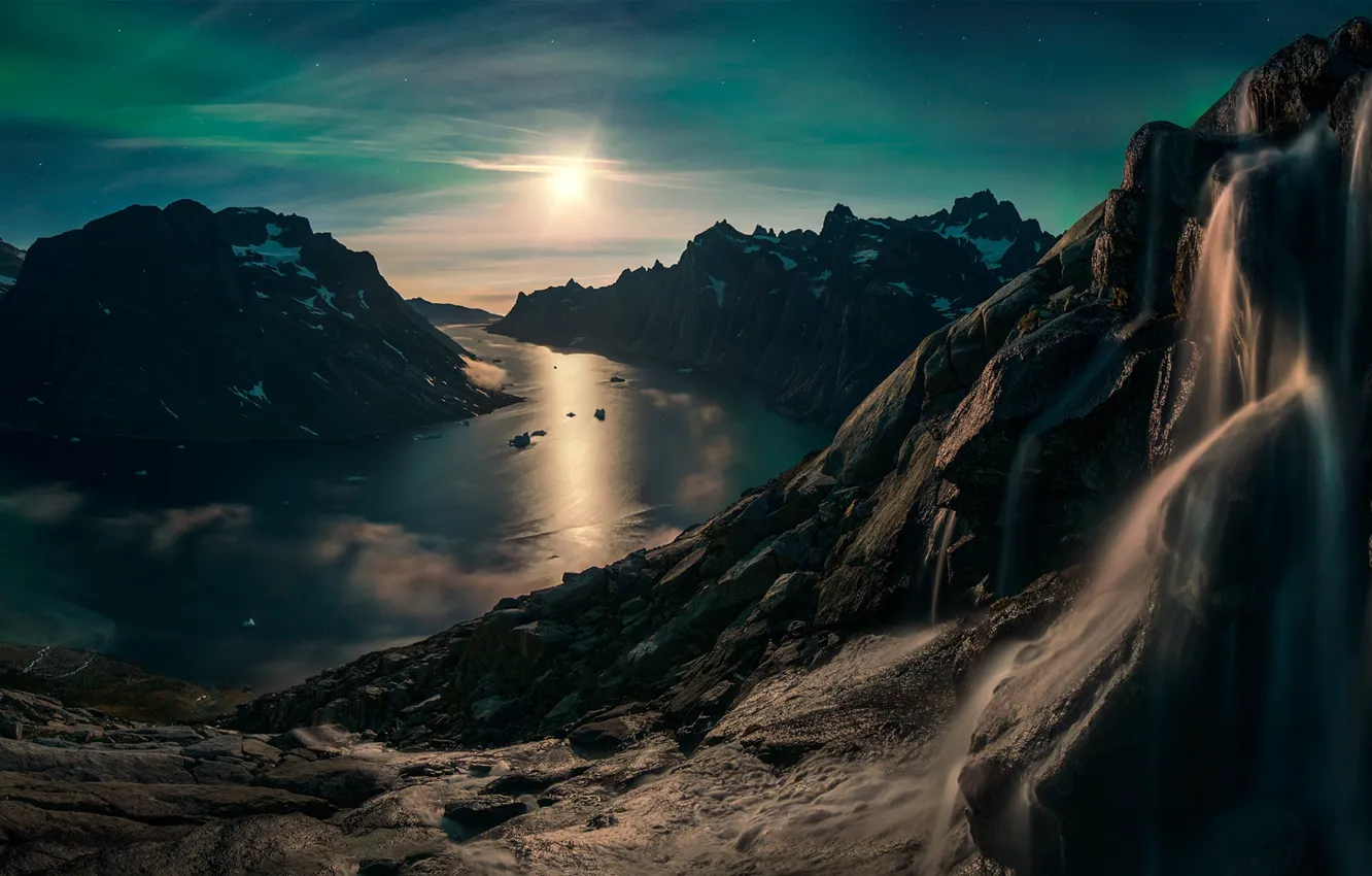 Фото обои sky, sea, landscape, nature, mountains, rocks, snow, sun