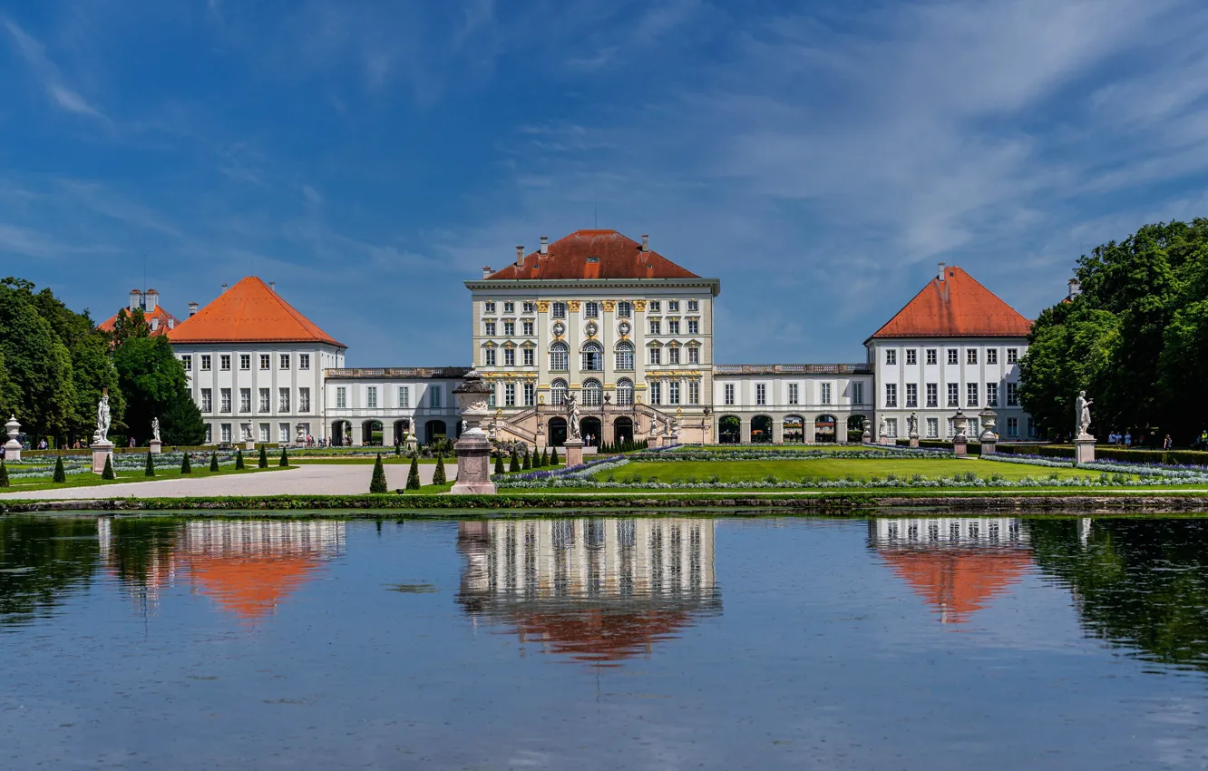 Фото обои пруд, парк, отражение, Германия, Мюнхен, Бавария, статуи, Germany