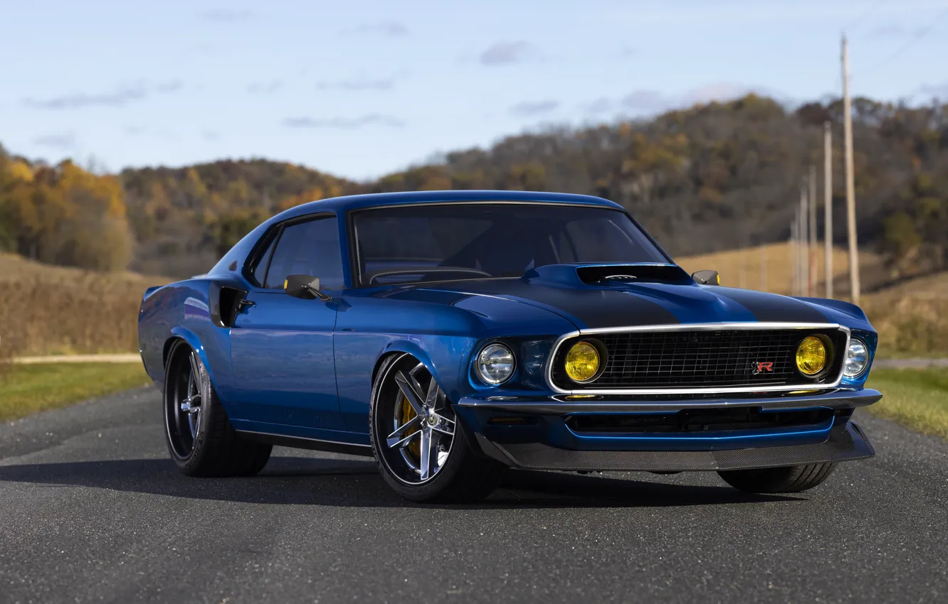 Фото обои Mustang, Ford, 1969, Ford Mustang, Blue, Road, SEMA, Ringbrothers