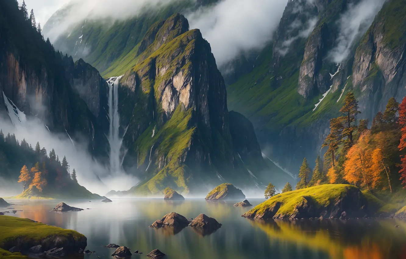 Фото обои art, mountains, lake