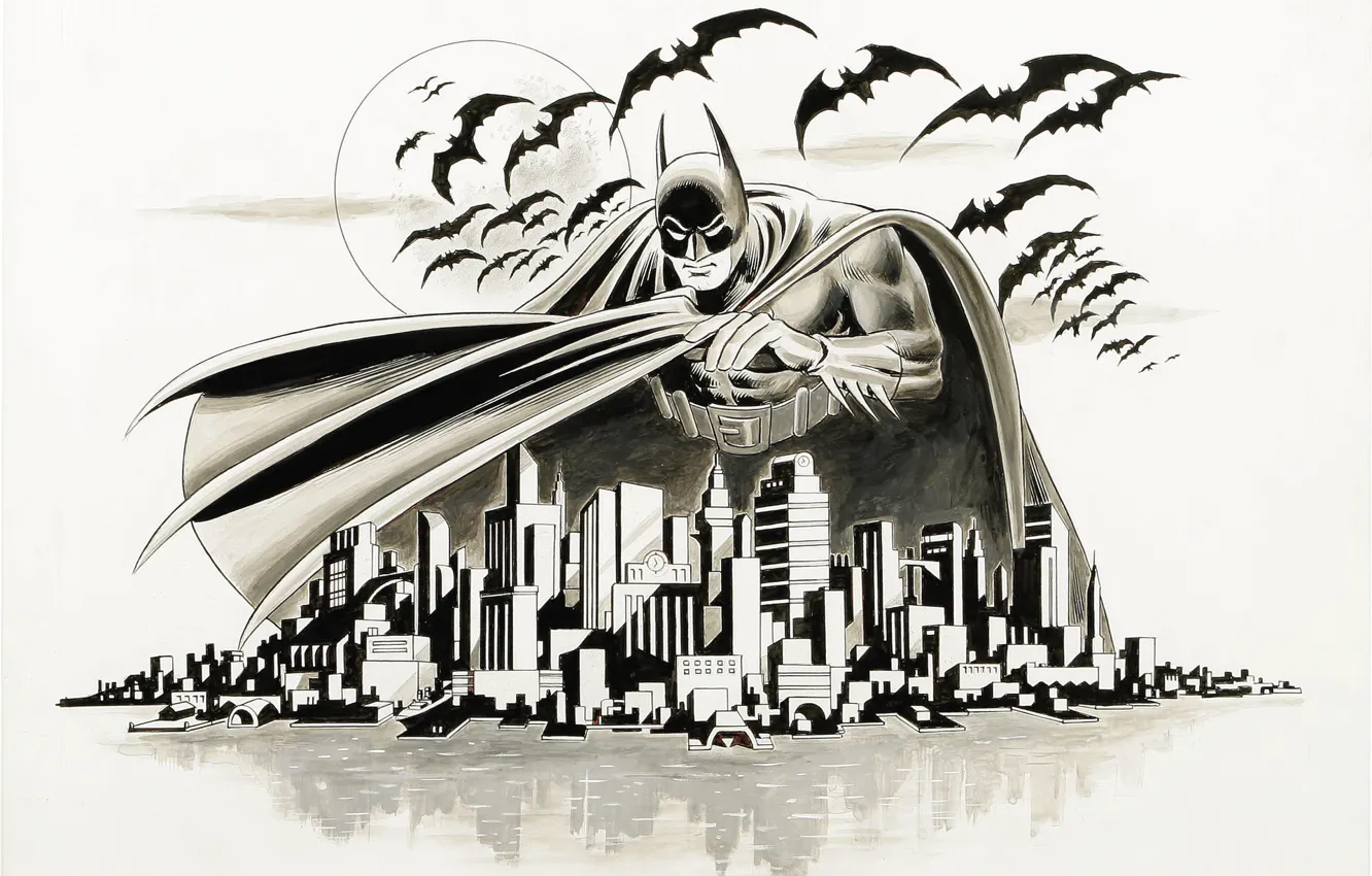 Фото обои город, рисунок, летучая мышь, Batman, Arkham