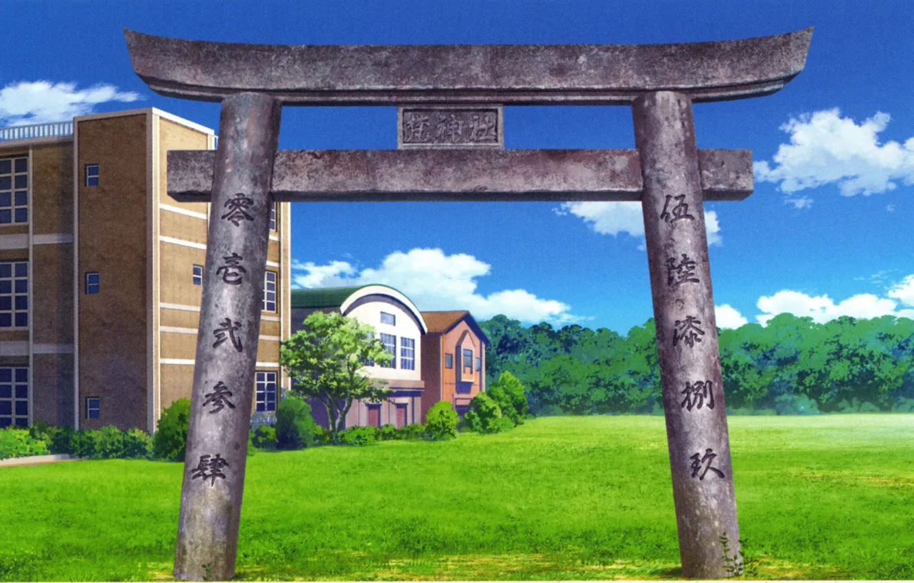 Фото обои зеленая трава, иероглифы, Japan, школа, голубое небо, visual novel, ворота тории, Suuran Digit
