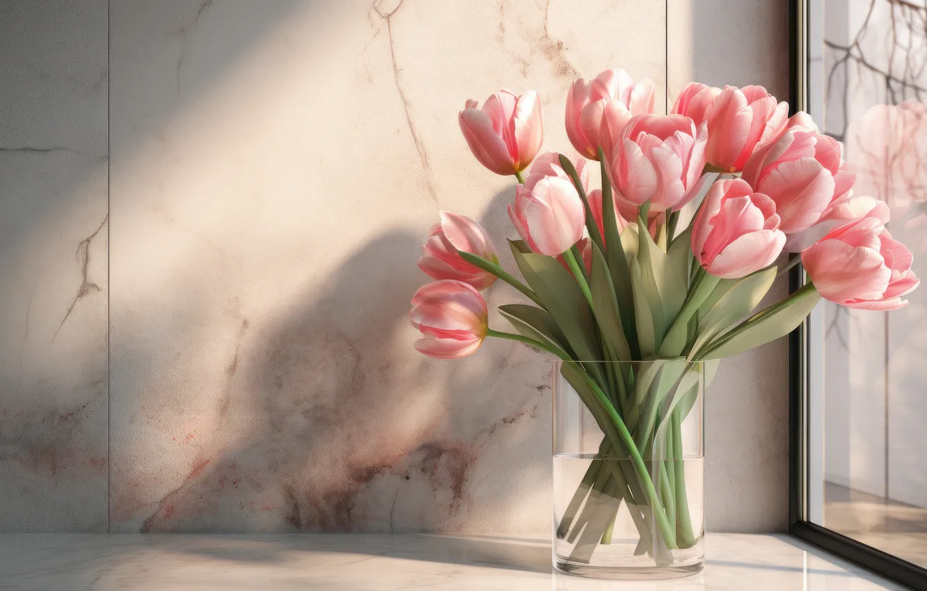 Фото обои цветы, букет, весна, тюльпаны, розовые, ИИ-арт, нейросеть