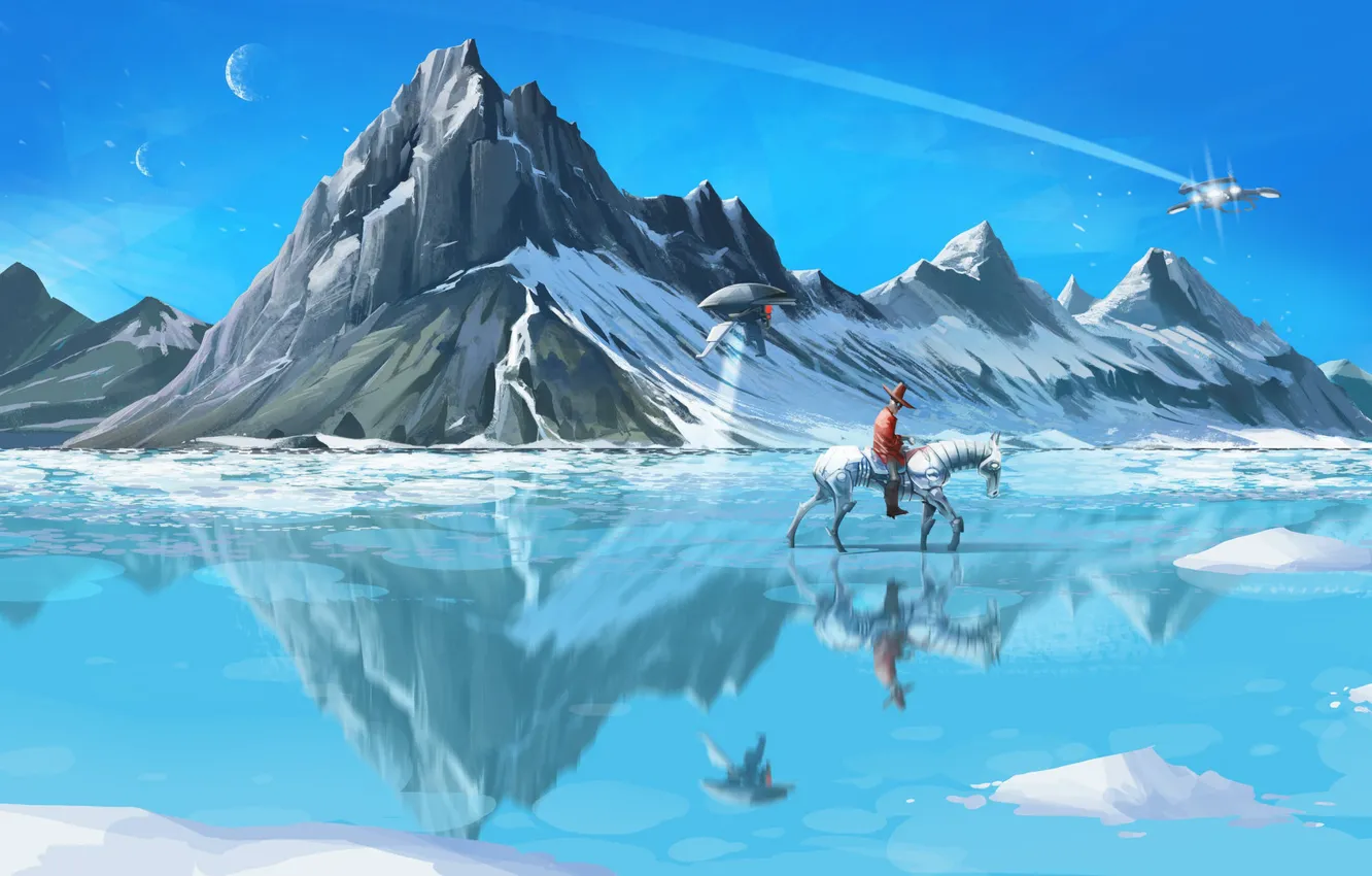 Фото обои Зима, Горы, Лошадь, Снег, Лед, Ковбой, Меха, Лёд