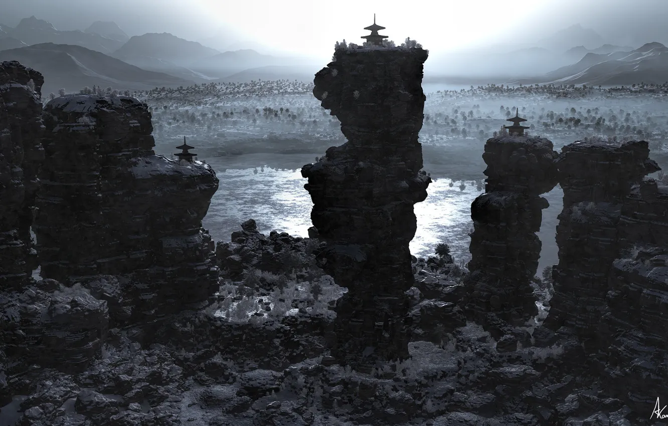 Фото обои скалы, водоём, Three shrines