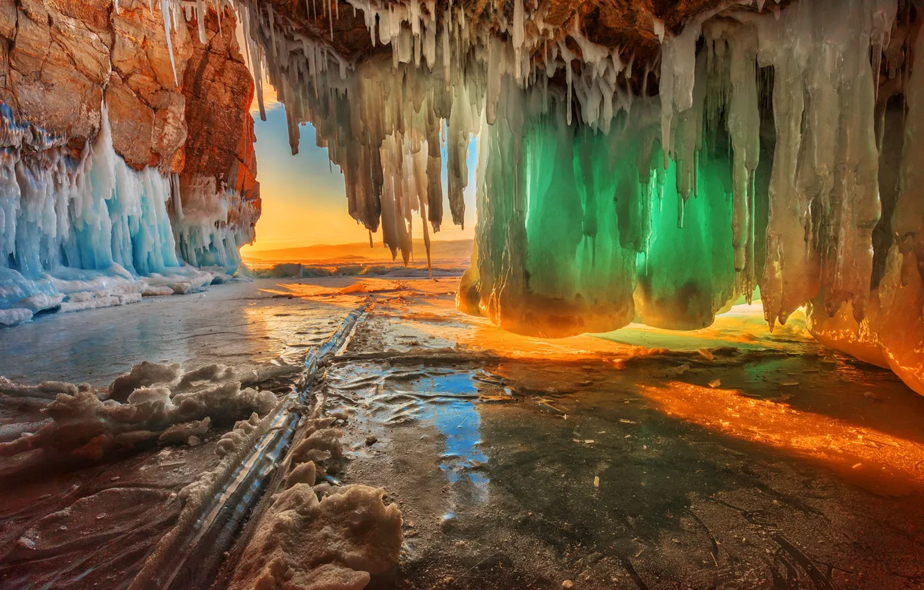 Фото обои зима, цвета, закат, природа, озеро, лёд, сосульки, Байкал
